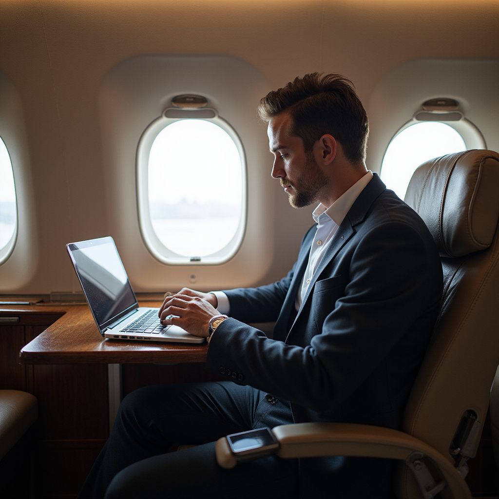 Man in suit working on a laptop inside a private jet.