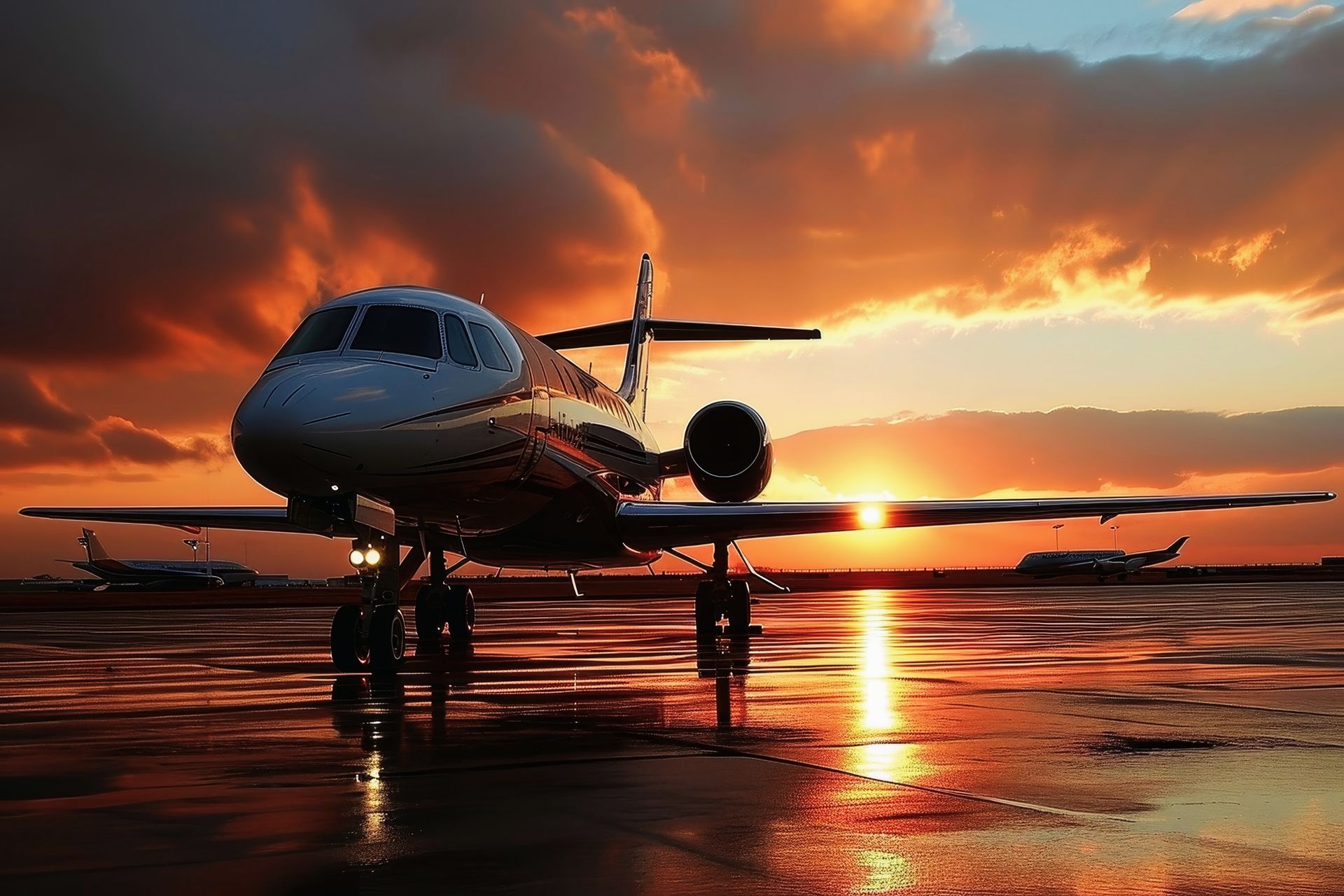 Private jet parked on a wet tarmac reflecting a vibrant sunset.