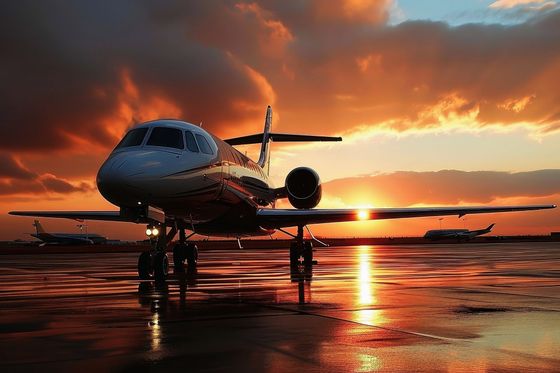 Private jet parked on a wet tarmac reflecting a vibrant sunset.