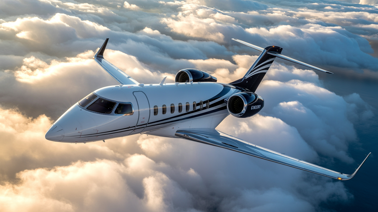 White private jet soaring above fluffy clouds.