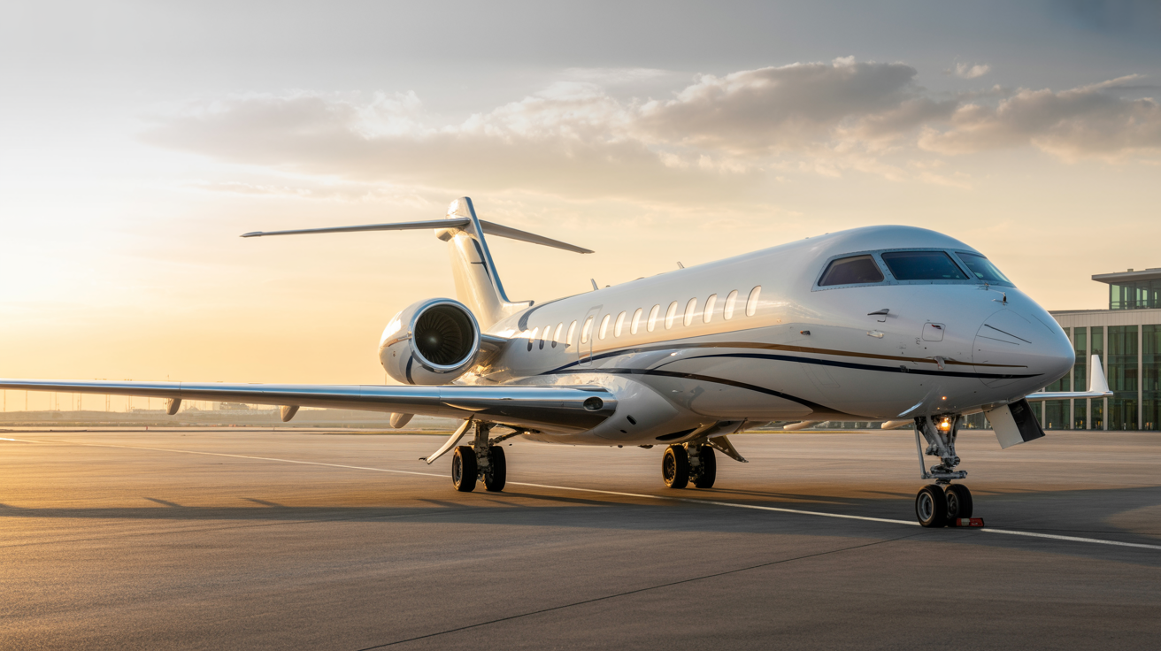 White private jet parked on a runway at sunset; golden light.