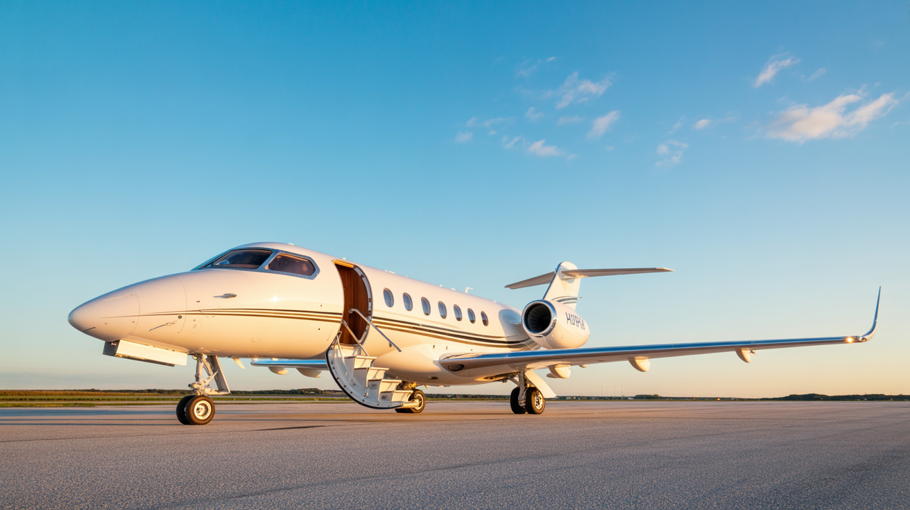 White private jet parked on a runway with open door, blue sky in background.