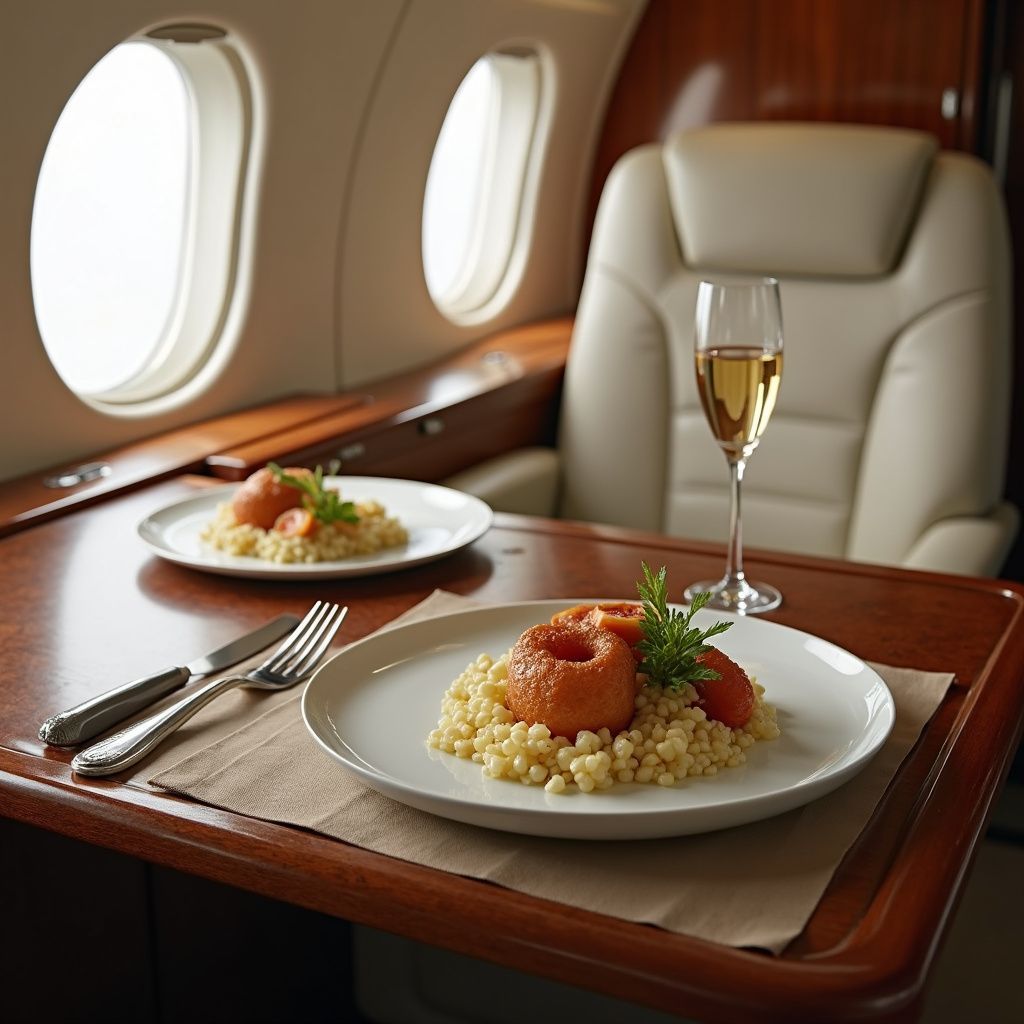 Gourmet meal on a tray table in a private jet. A plate has a ring of food on couscous. Champagne in a glass.