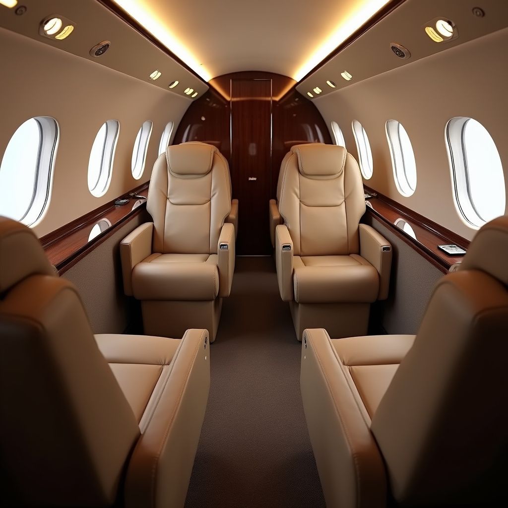 Interior of a private jet with beige leather seats, wood paneling, and oval windows.