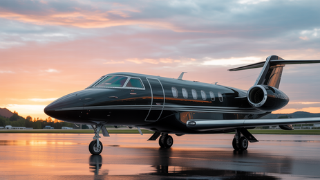 Black private jet on a wet runway, with a colorful sunset in the background.
