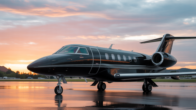 Black private jet on a wet tarmac; sunset with pink and orange sky.