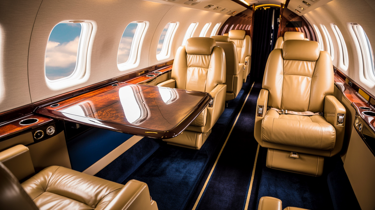 Interior of a private jet with tan leather seating and a wooden table, blue carpet, and windows with sky views.