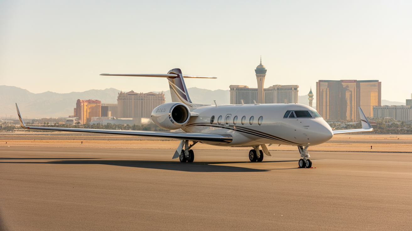 A white private jet on an airport runway, Las Vegas cityscape in the background.