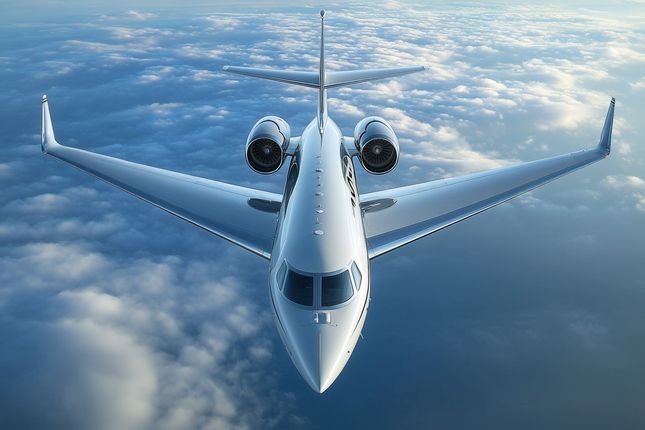 White private jet in flight, above clouds, viewed from directly below.