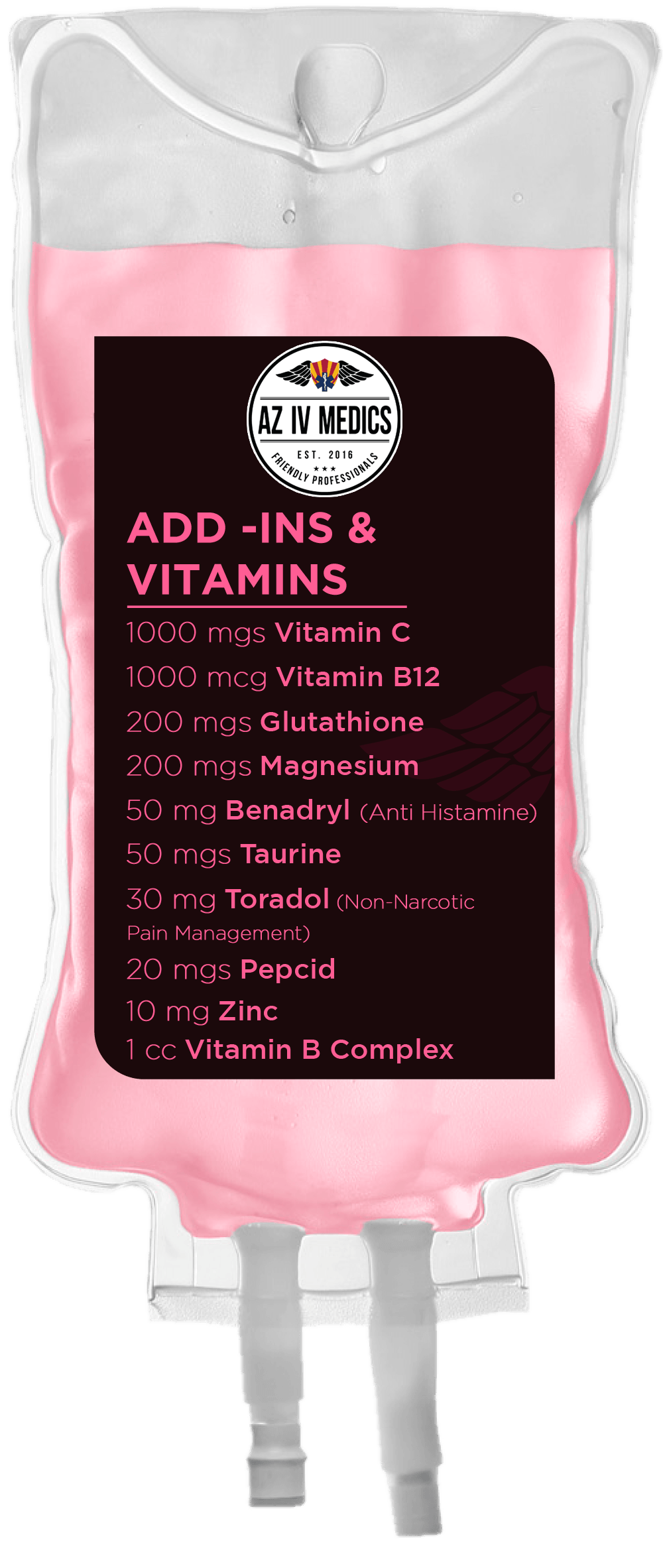 A pink bag with a black label that says `` add ins & vitamins ''.