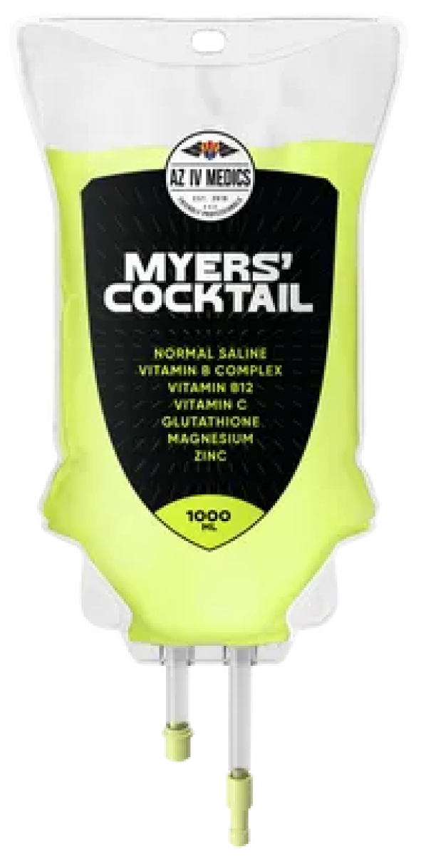 A bag of myers ' cocktail with two tubes attached to it.