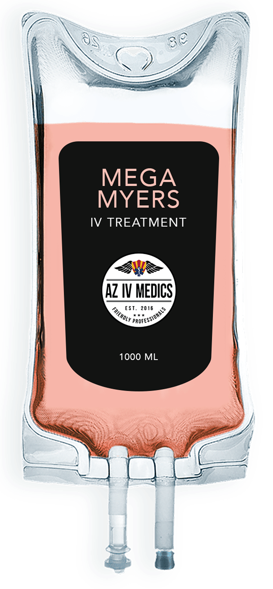 A bag of mega myers cocktail iv on a white background