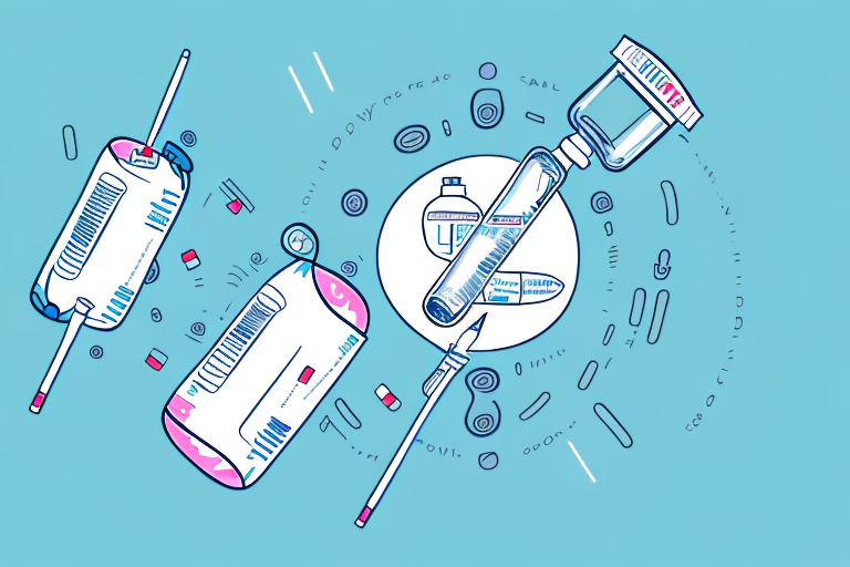 A drawing of a syringe surrounded by bottles and pills on a blue background.