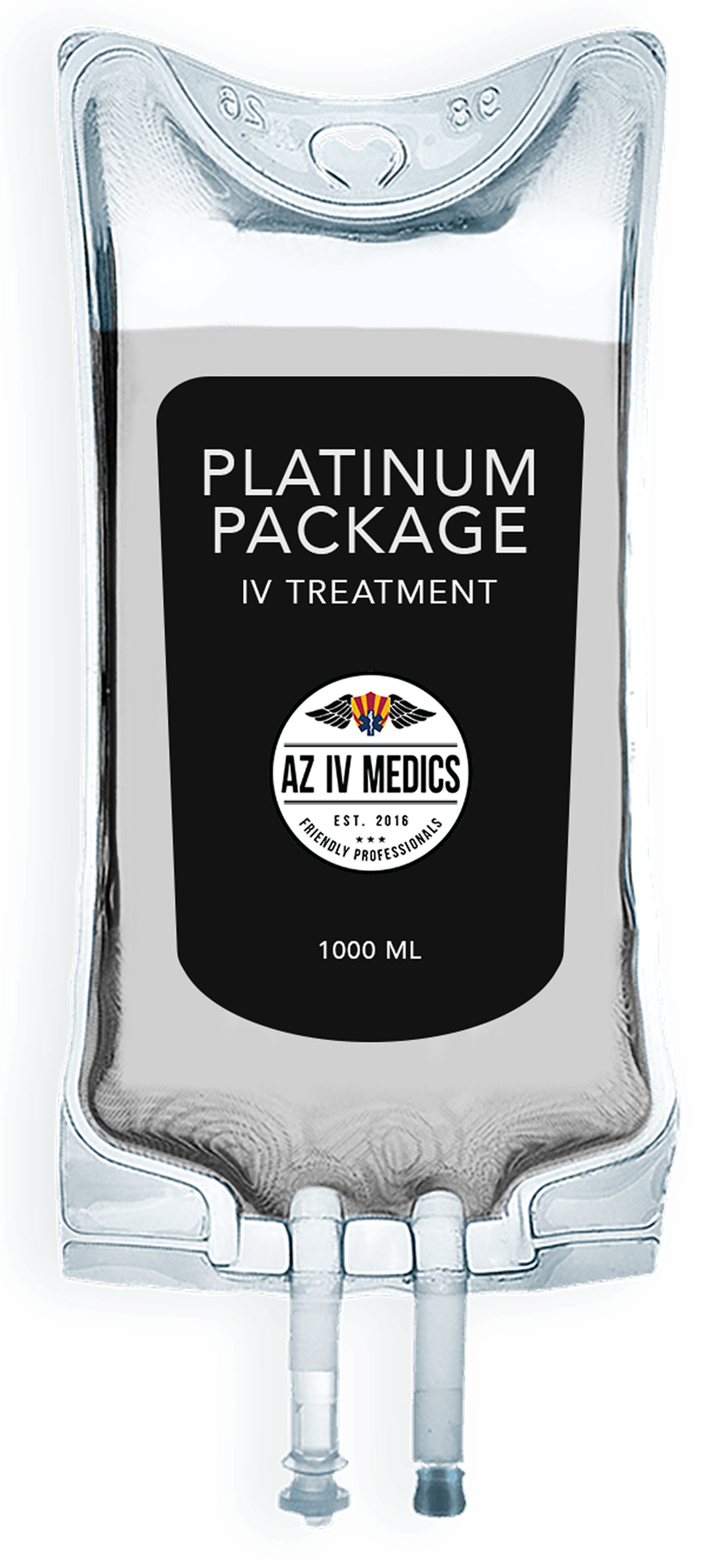 A white bag with a black label that says platinum package on it.