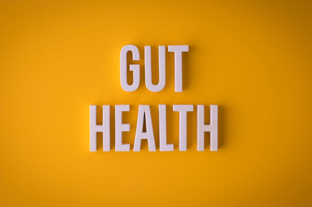 The word gut health is written in white letters on a yellow background.