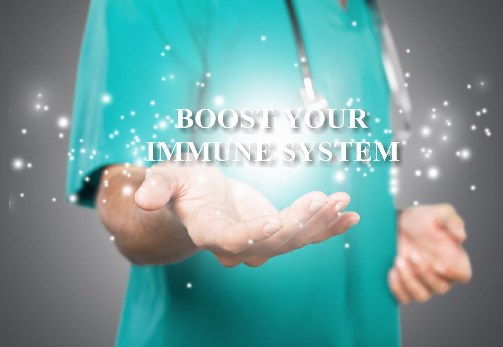 A doctor is holding out his hand with the words `` boost your immune system '' coming out of it.