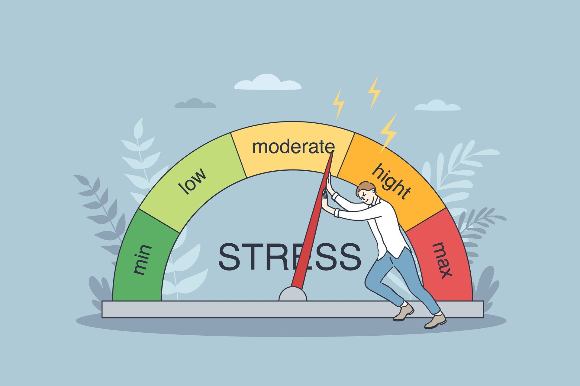 A man is pushing a needle on a stress meter.