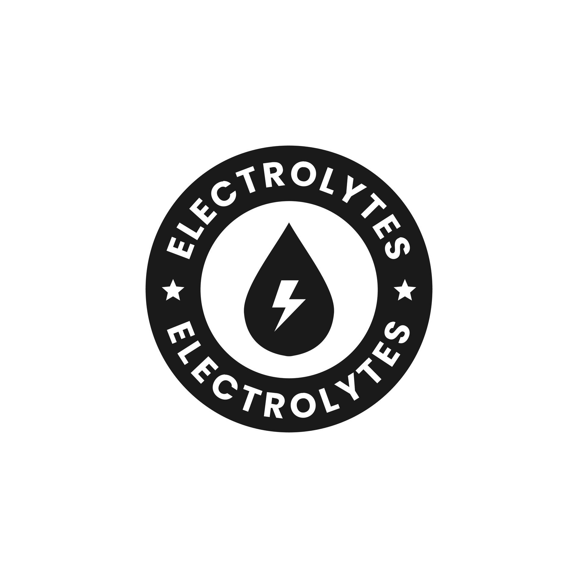 A black and white logo for electrolytes with a lightning bolt in the center.