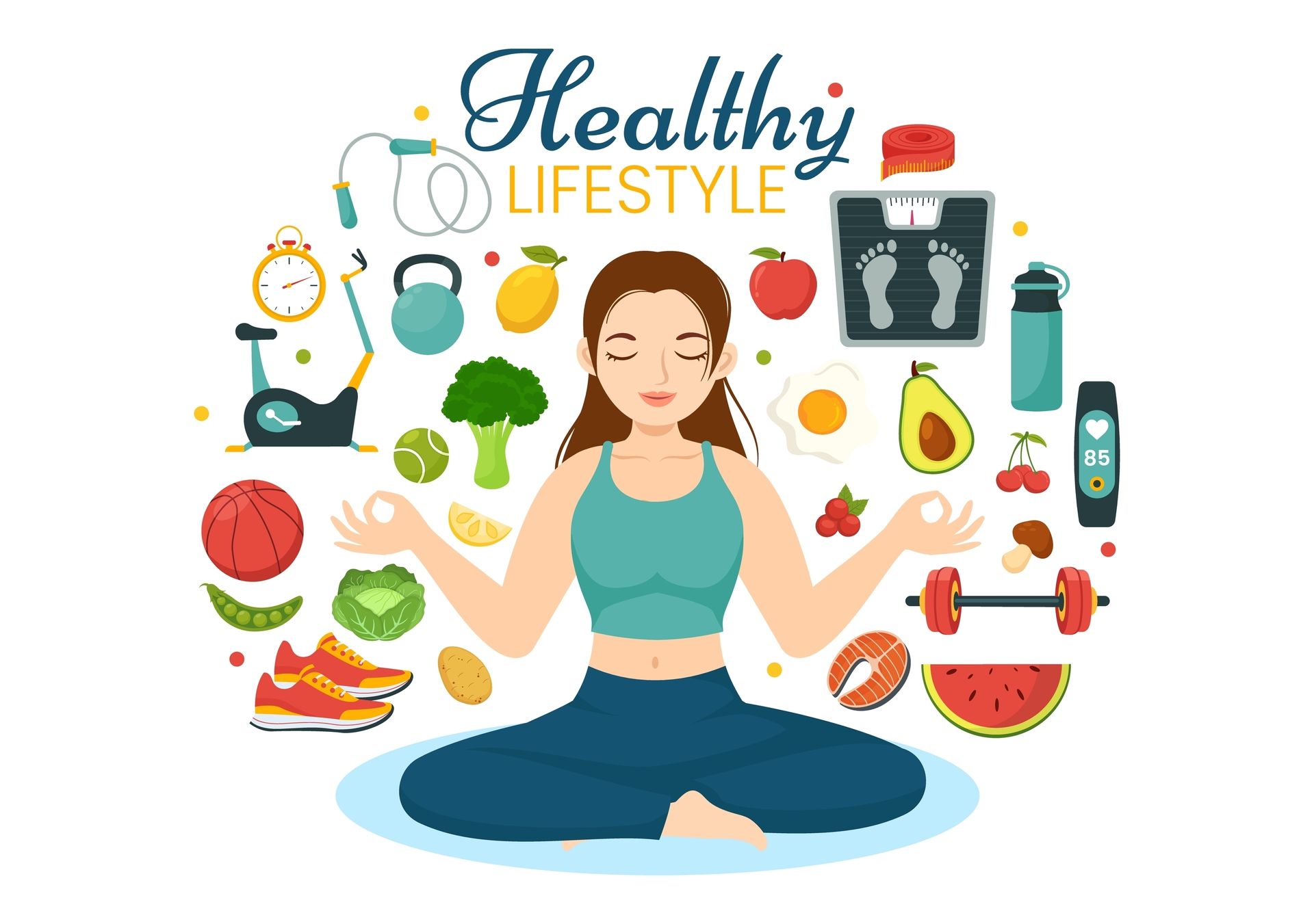 A woman is sitting in a lotus position with healthy lifestyle icons around her.