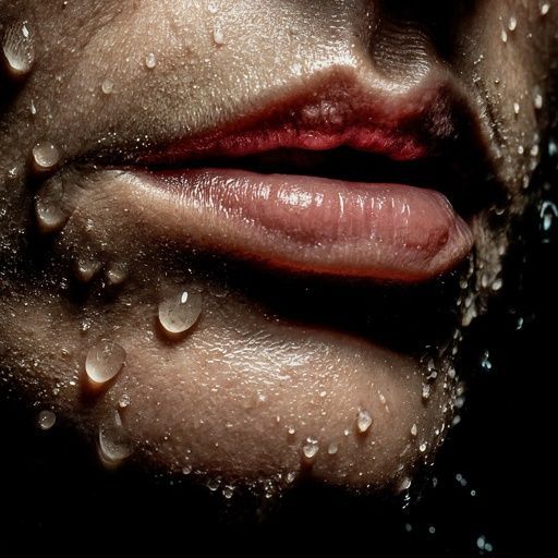 A close up of a woman 's face with water drops on it