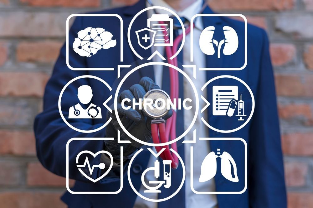 A man in a suit and tie is holding a magnifying glass over the word chronic.