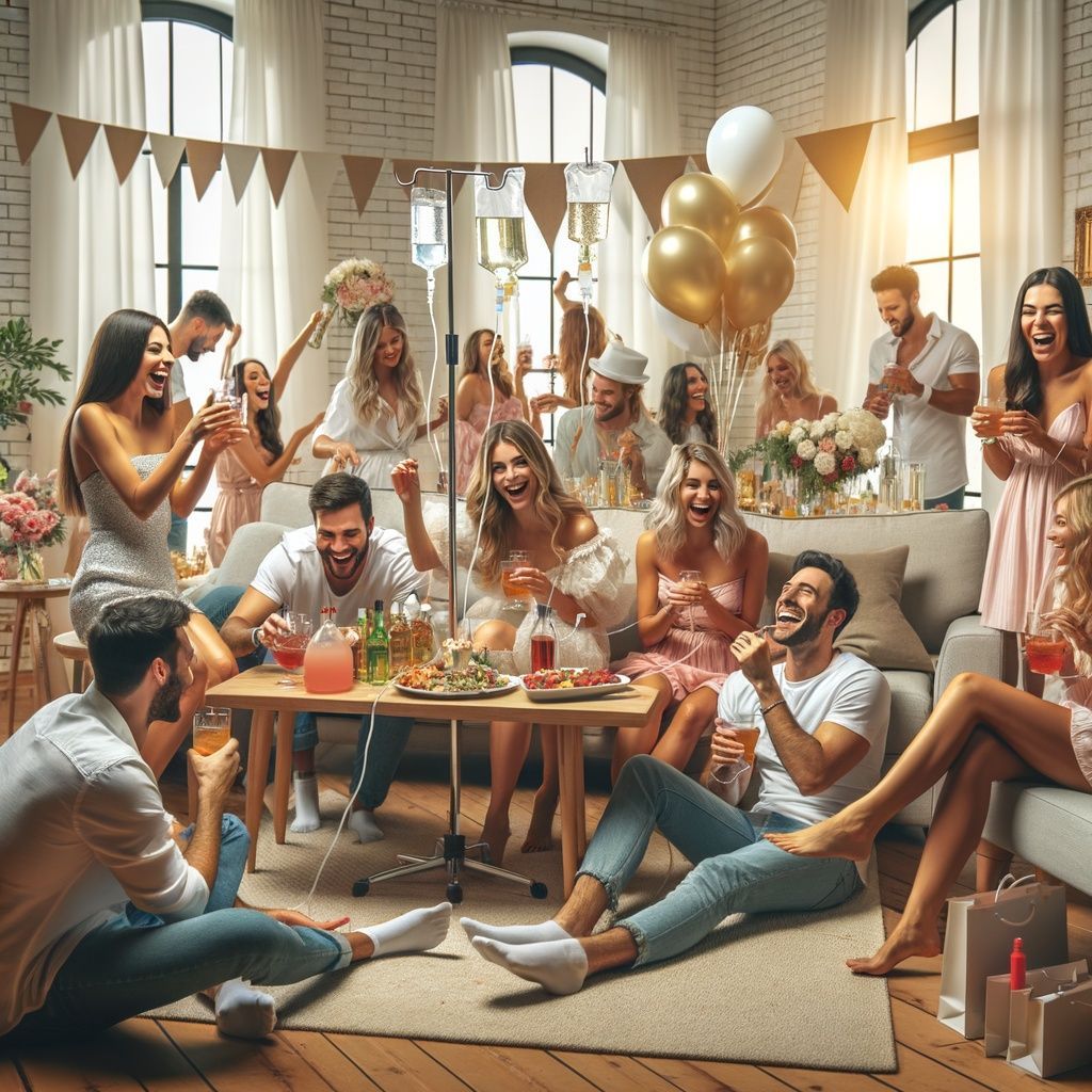 A group of people are having a party in a living room.