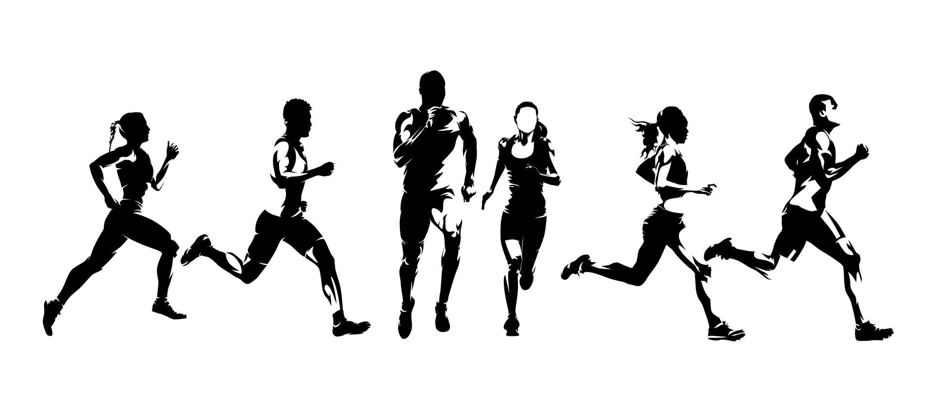 A group of people are running in a line on a white background.