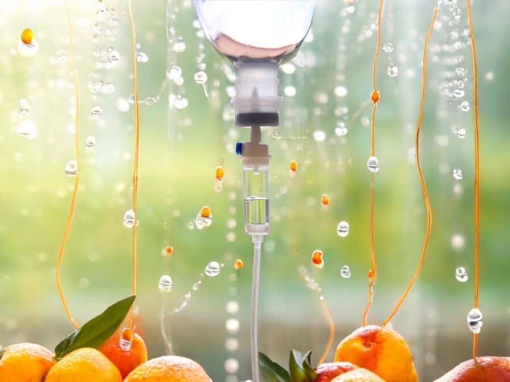 A close up of an iv drip with fruit in the background.