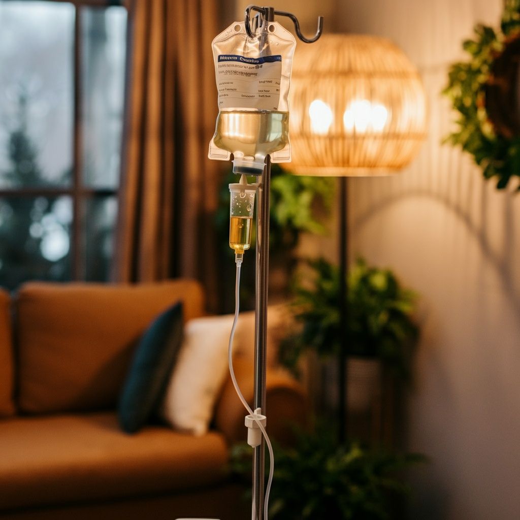 An iv bag is hanging from a pole in a living room