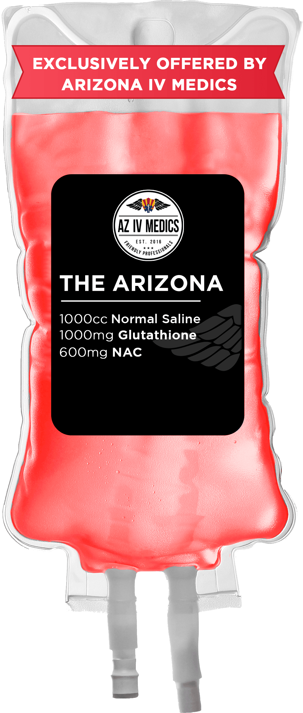 A red bag with a black label that says the arizona