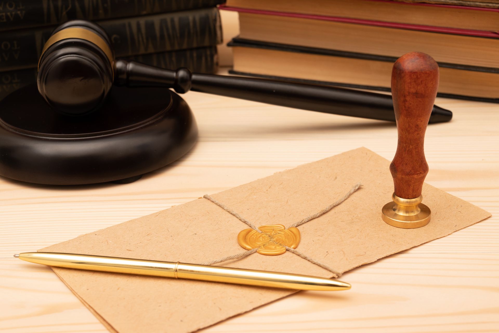 Gavel and wax seal on a desk. Gavel and wax seal on a desk.