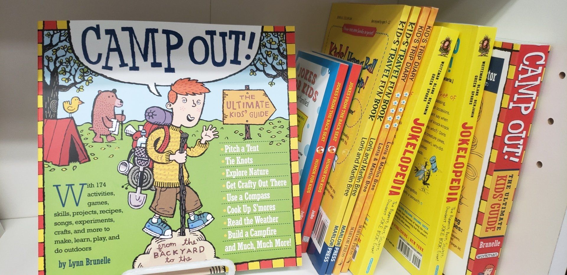 A stack of camp out books on a shelf