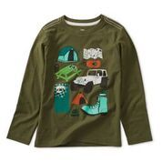 A green long sleeve t-shirt with a camping theme on it.