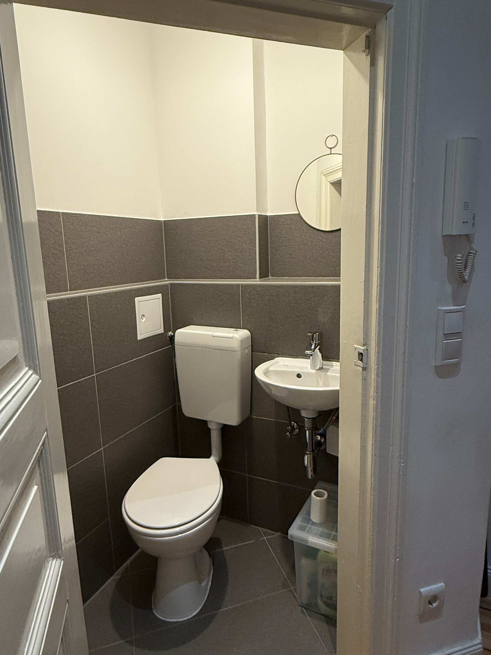 Ein Badezimmer mit Toilette, Waschbecken und Spiegel