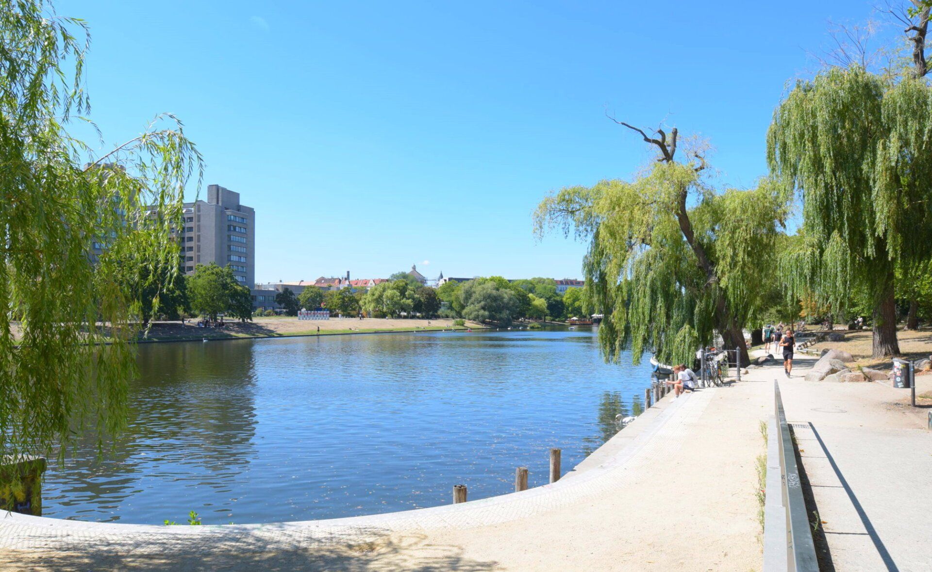 Ein See, umgeben von Bäumen und Gebäuden an einem sonnigen Tag