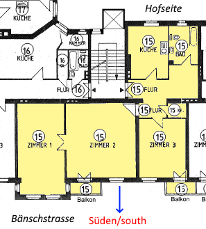 Ein schwarz-weißer Grundriss eines Hauses mit einem roten Pfeil, der nach Südwesten zeigt.