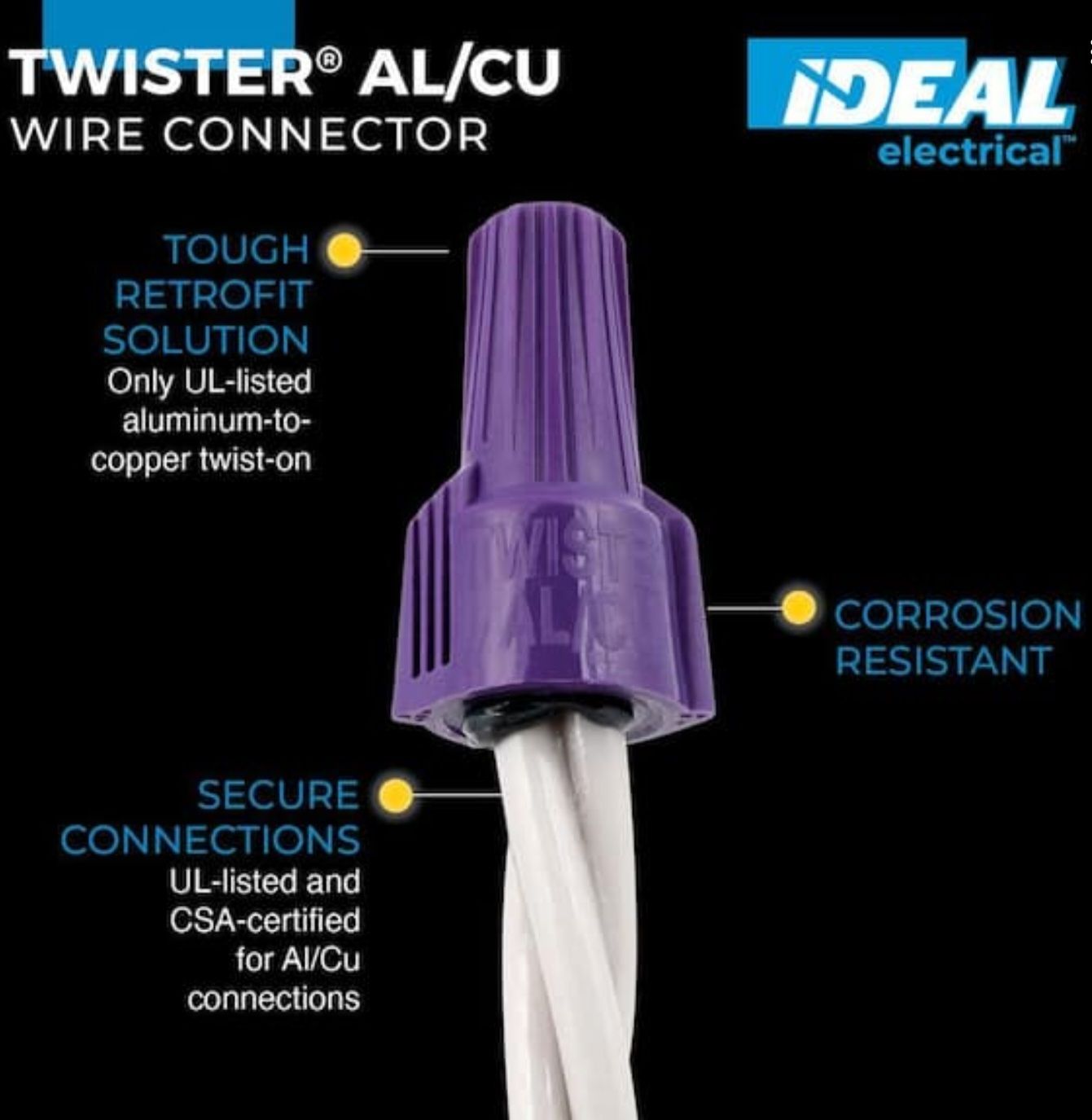 Purple wire connector with white wires, labeled