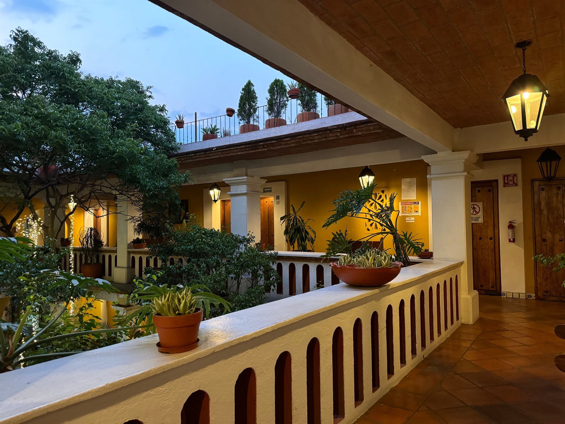 Un balcón con plantas en macetas y una lámpara colgando del techo