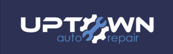 Logo for Uptown Auto Repair: white text on a blue background, gear/wrench graphic.