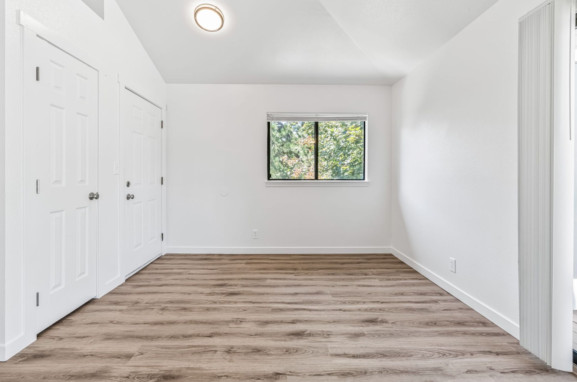 Empty white room with wood-look flooring, two white doors, a small window, and a ceiling light.
