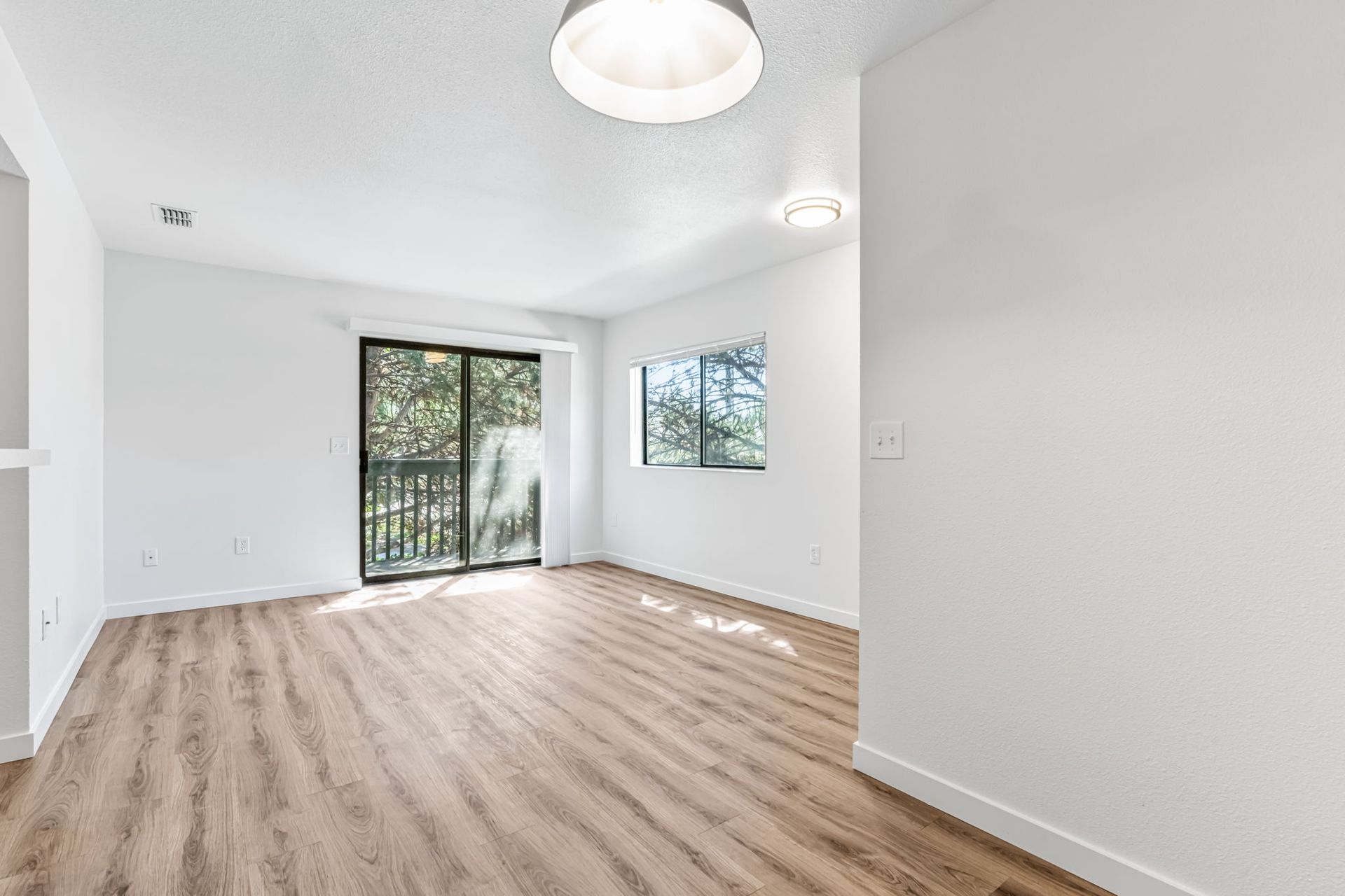Empty living room with wood-look flooring, white walls, sliding glass door, and ceiling lights.