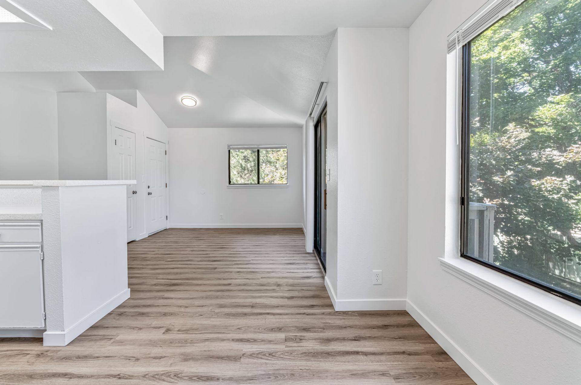 Bright, white interior with wood-look flooring, large windows, and a doorway, likely a modern home.