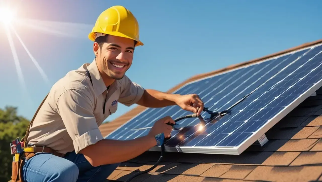Smiling Solar Panel Installer on Rooftop Smiling Solar Panel Installer on Rooftop