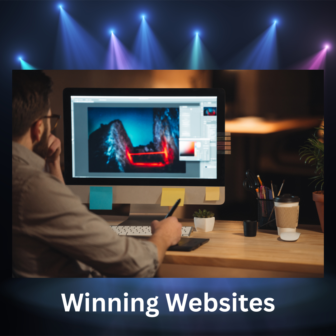 A man is sitting in front of a computer with the words winning websites below him