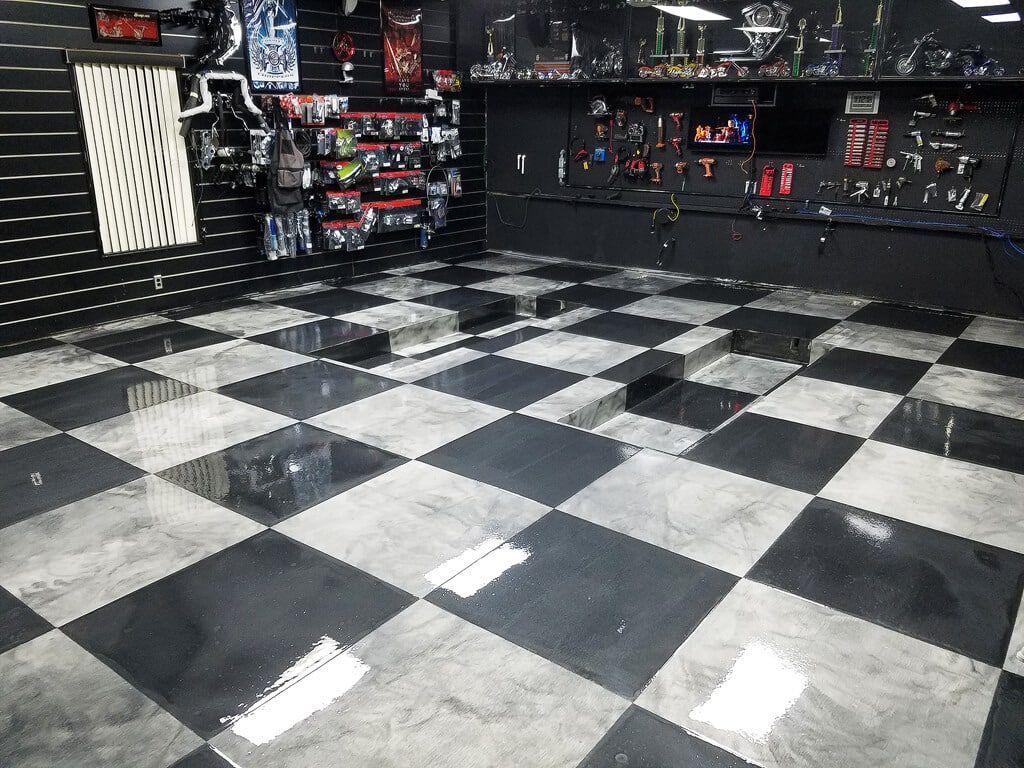 A black and white checkered floor in a store.