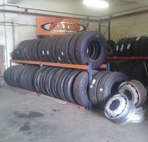 A rack of agricultural and commercial vehicle tyres