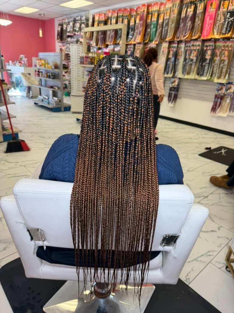 Person with long, brown and blonde box braids seated in salon chair, braids cascading down back.