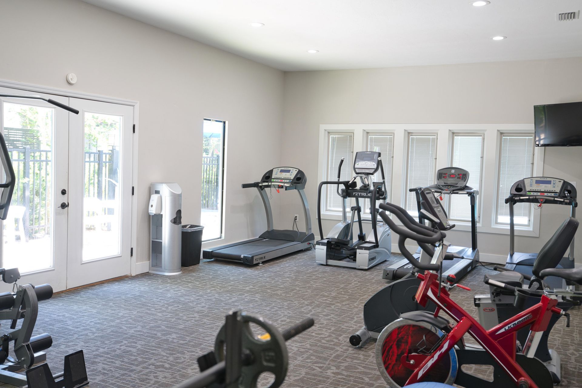 There are many different types of exercise equipment in this gym.