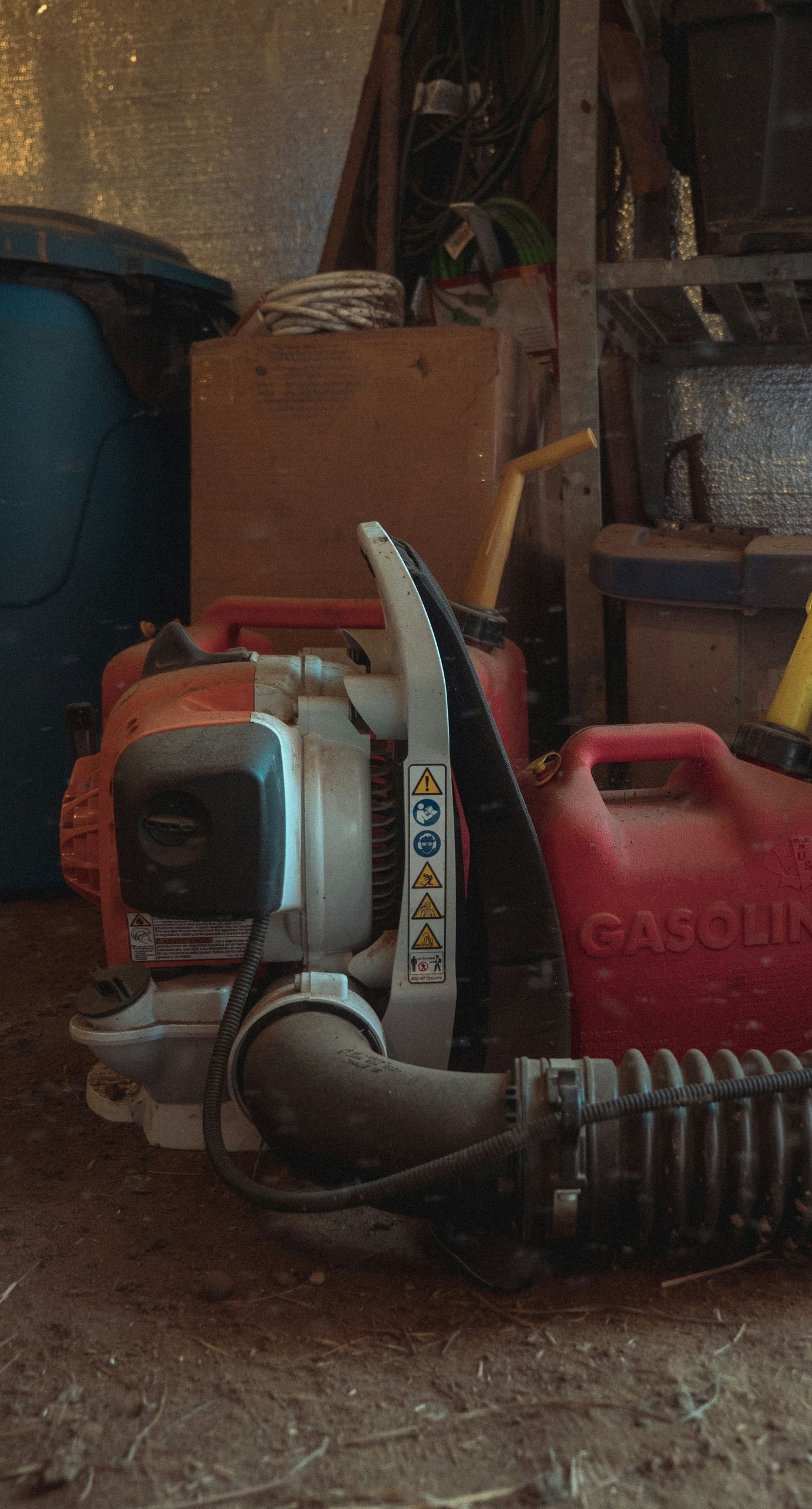 A blower is sitting on the ground in a garage next to a gas can.