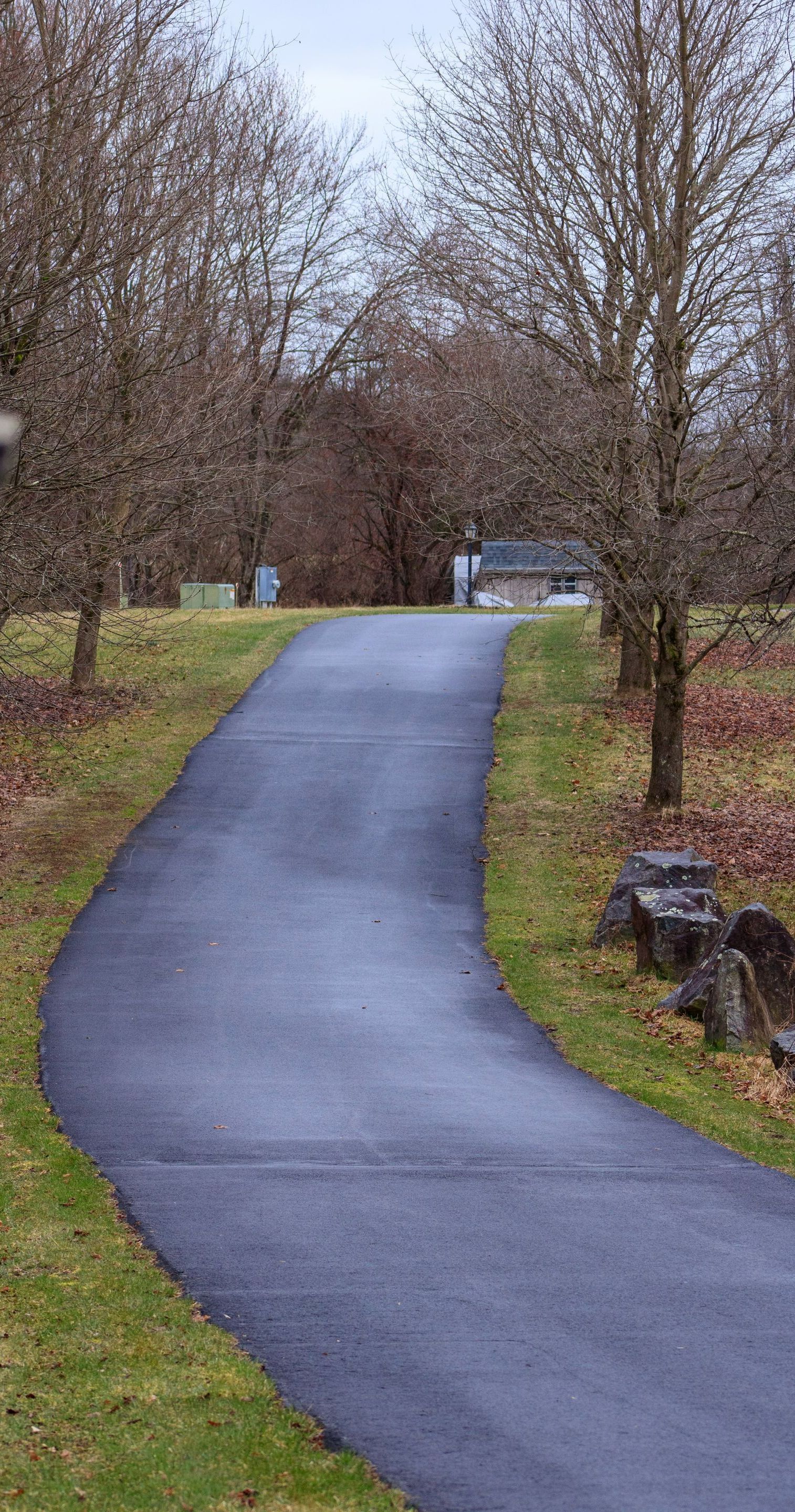 A curvy road going through a grassy field with trees on both sides.